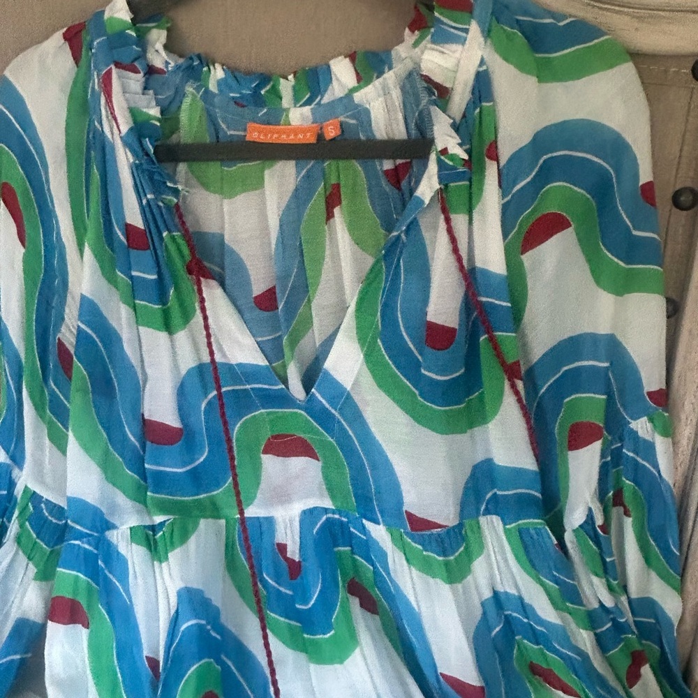 Oliphant Noveau Dress with Retro Swirl Pattern and Balloon Sleeves- Small - Picture 6 of 9